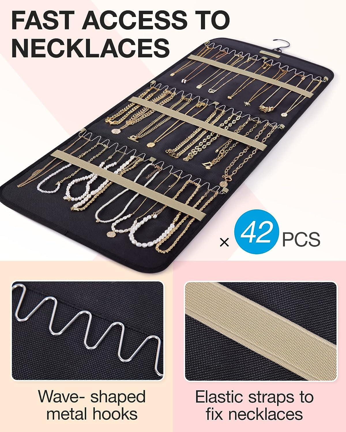 Hanging Jewelry Organizer Storage Roll with Hanger Metal Hooks Double-Sided Jewelry Holder for Earrings, Necklaces, Rings on Closet, Wall, Door, 1 Piece, Large, Black