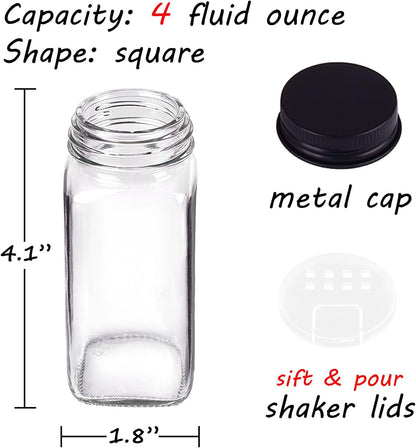 25 Spice Jars with 547 Labels- Glass Spice Jars with Black Metal Caps, 4Oz Empty Spice Containers with Shaker Lids, Funnel, Chalk Pen, Square Seasoning Bottles for Spice Rack, Drawer, Cabinet