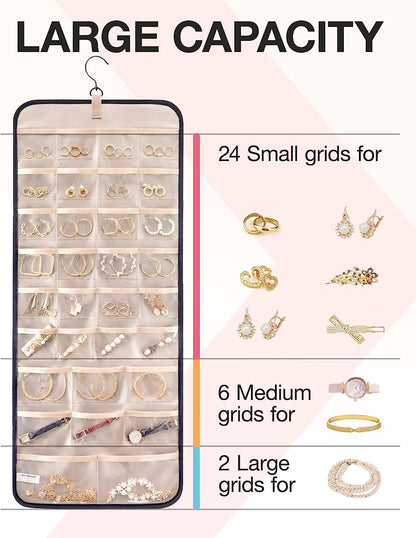 Hanging Jewelry Organizer Storage Roll with Hanger Metal Hooks Double-Sided Jewelry Holder for Earrings, Necklaces, Rings on Closet, Wall, Door, 1 Piece, Large, Black