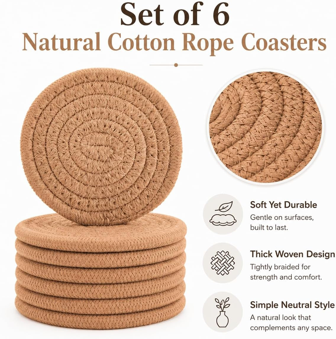 Abenkle Woven Coasters for Drinks Set of 6, Boho Absorbent Drinking Coaster, 4.3 Inch - Perfect Housewarming Gift, Home Decor, Bar Essentials for Coffee Table
