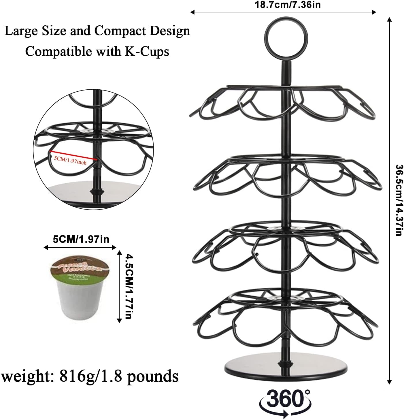Coffee Pod Carousel Holder,Compatible with K-Cups Organizer Compatible with 36 Cup Pods,Spins 360-Degrees