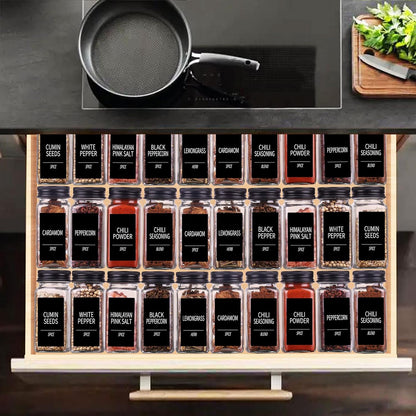 25 Spice Jars with 547 Labels- Glass Spice Jars with Black Metal Caps, 4Oz Empty Spice Containers with Shaker Lids, Funnel, Chalk Pen, Square Seasoning Bottles for Spice Rack, Drawer, Cabinet