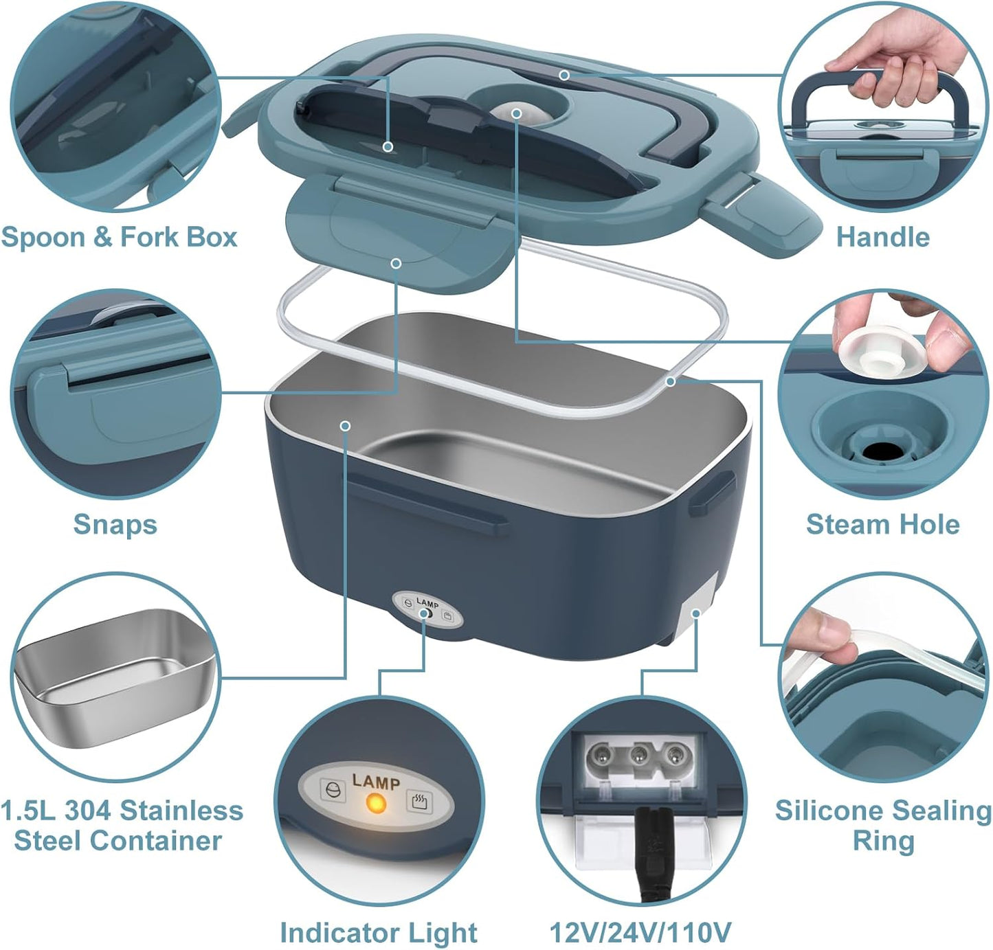 Electric Lunch Box Food Heater 80W Heated Luncbox for Adults 12V 24V 110V 220V Portable Warmer Lonchera Eléctrica Portátil Car Truck Work Driver Travel Jobsite Gifts Fathers Day for Dad Husband Men