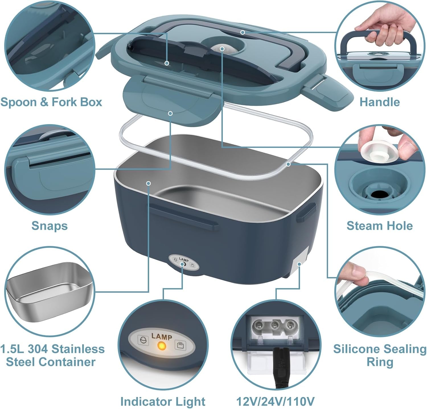 Electric Lunch Box Food Heater 80W Heated Luncbox for Adults 12V 24V 110V 220V Portable Warmer Lonchera Eléctrica Portátil Car Truck Work Driver Travel Jobsite Gifts Fathers Day for Dad Husband Men