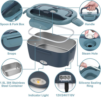 Electric Lunch Box Food Heater 80W Heated Luncbox for Adults 12V 24V 110V 220V Portable Warmer Lonchera Eléctrica Portátil Car Truck Work Driver Travel Jobsite Gifts Fathers Day for Dad Husband Men