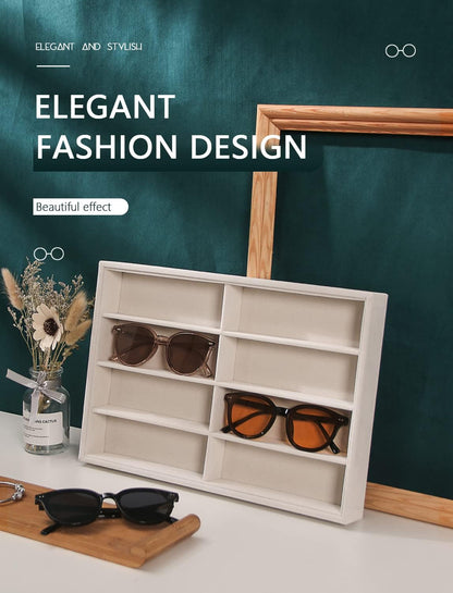 Sunglass Organizer, Beige Velvet Glasses Trays - Eyeglasses Watches Jewelry Display - Men Women (8 Grids)