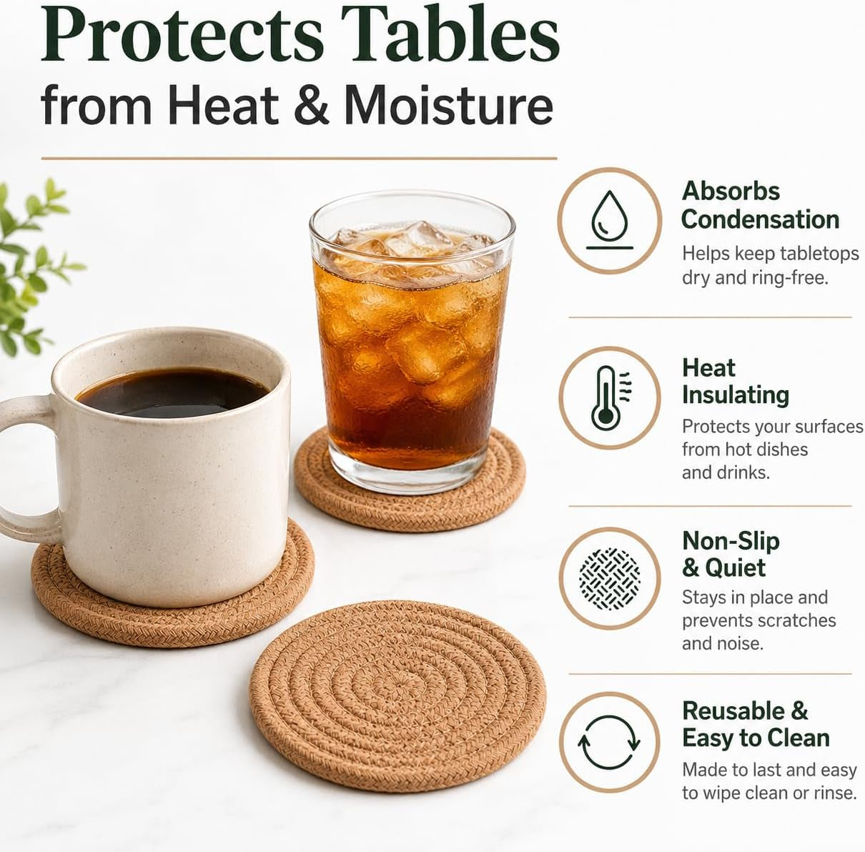 Abenkle Woven Coasters for Drinks Set of 6, Boho Absorbent Drinking Coaster, 4.3 Inch - Perfect Housewarming Gift, Home Decor, Bar Essentials for Coffee Table