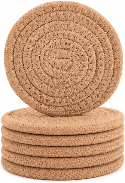 Abenkle Woven Coasters for Drinks Set of 6, Boho Absorbent Drinking Coaster, 4.3 Inch - Perfect Housewarming Gift, Home Decor, Bar Essentials for Coffee Table